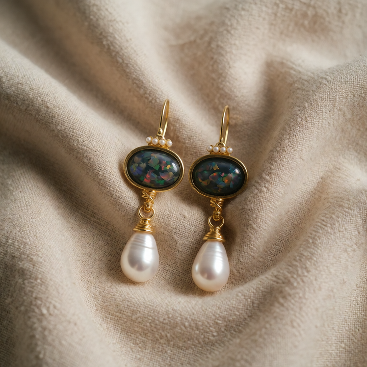 Gold Drop Earrings Siobhán with Opal and Pearl