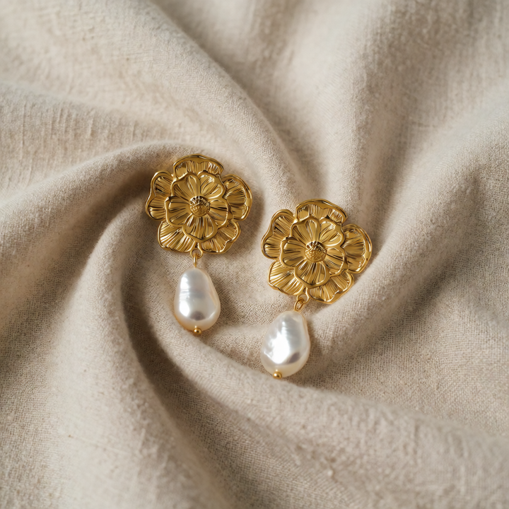 Gold Drop Earrings Eithne with Flower and Pearl