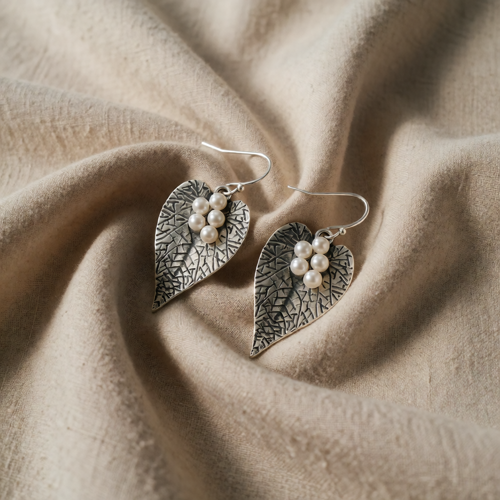 Silver Drop Earrings Aoibh with Leaf and Pearls