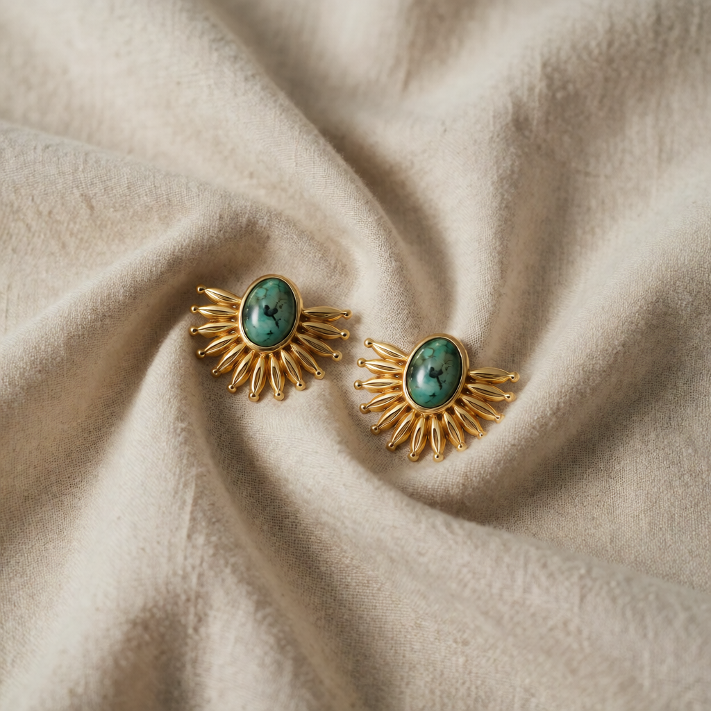 Gold Stud Earrings Éabha with Green Stone