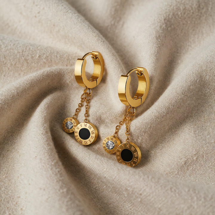 Gold Drop Earrings Aoife with Roman Numerals &amp; Zirconia