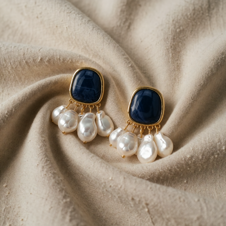 Gold Drop Earrings Darina with Blue Stone and Pearls