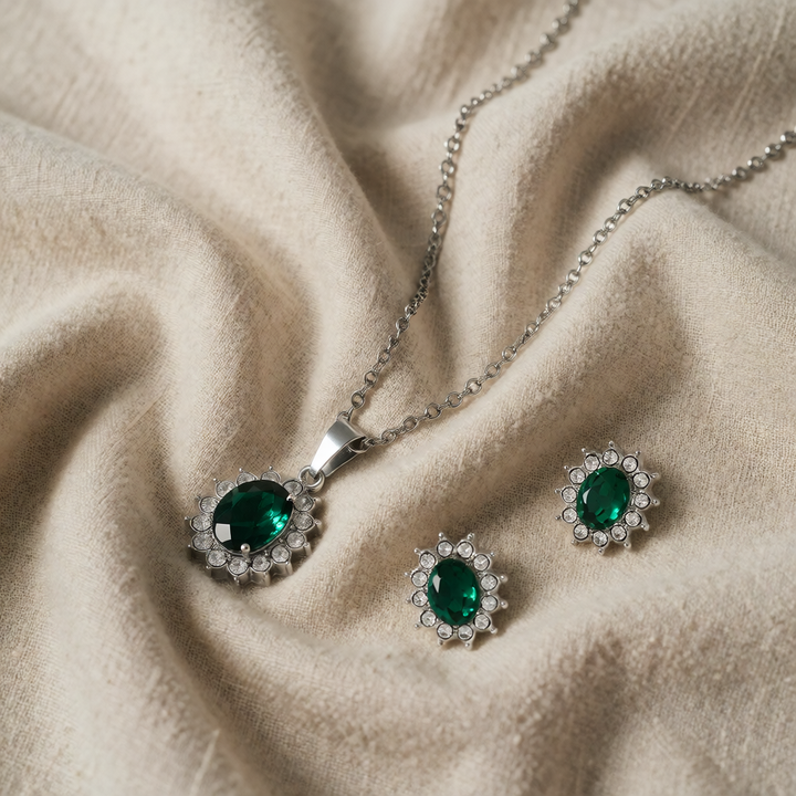 Silver Jewellery Set Siobhán with Green Oval Stones