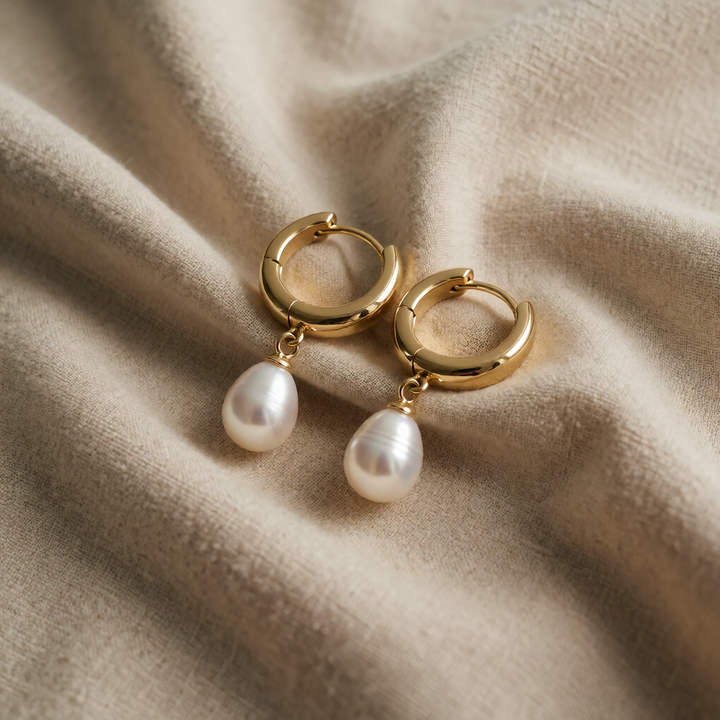 Gold Huggie Earrings Treasa with Pearl Drop