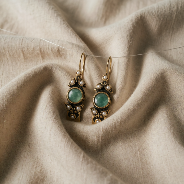 Gold Drop Earrings Gobnait with Green Stone