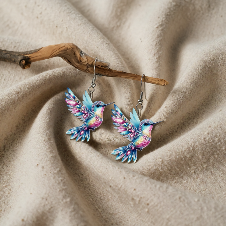 Silver Drop Earrings Emer with Hummingbird