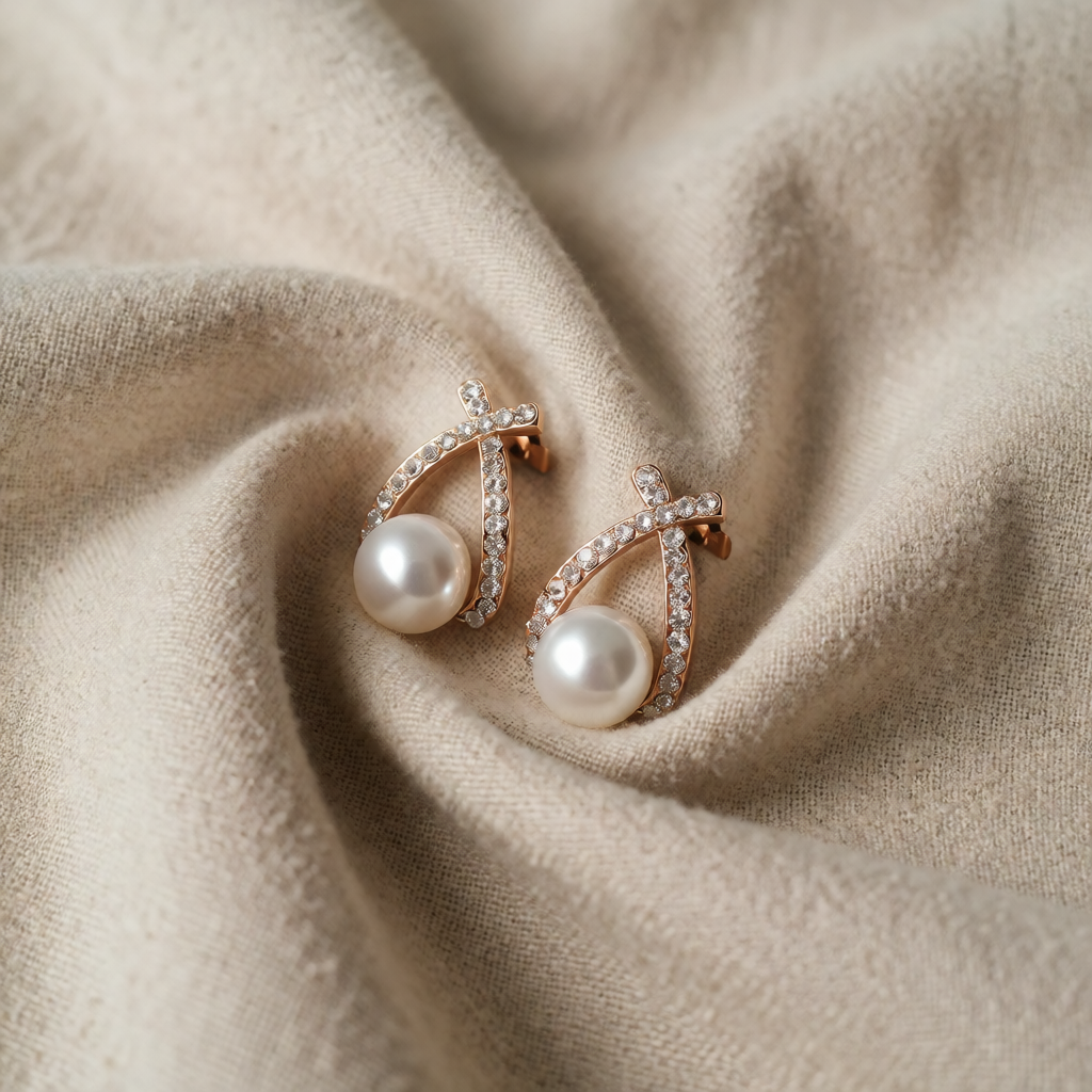Rose Gold Stud Earrings Ailbhe with Pearl and Crystal