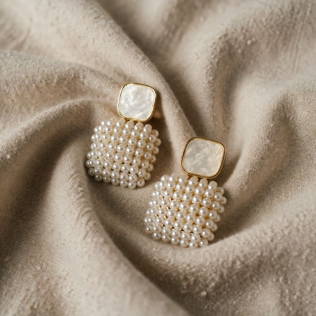 Gold Drop Earrings with Mother-of-Pearl and Pearls
