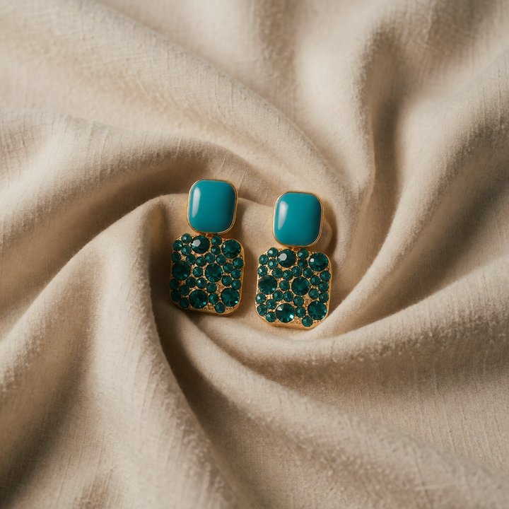 Gold Drop Earrings with Turquoise and Green Crystals
