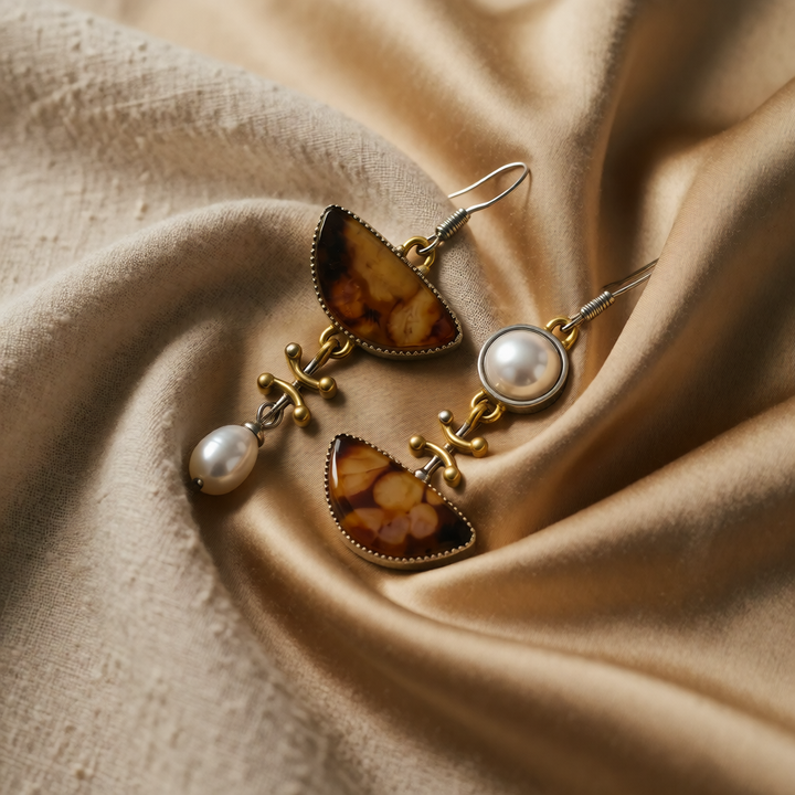 Gold &amp; Silver Drop Earrings with Amber Stones and Pearl