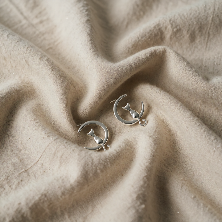 Sterling Silver Stud Earrings with Cat and Crescent Moon