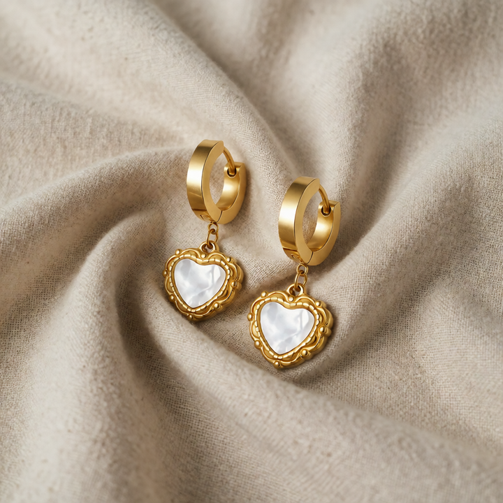 Gold Drop Earrings Fiadh with Mother-of-Pearl Heart