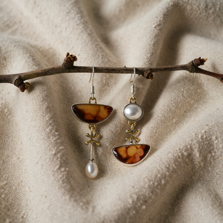 Silver &amp; Gold Drop Earrings with Amber Stone and Pearl