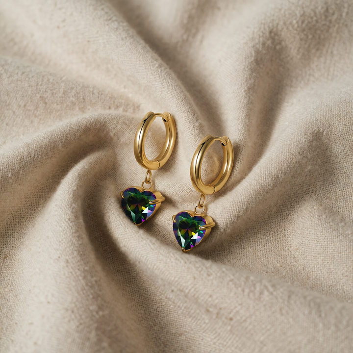 Gold Drop Earrings Róisín with Iridescent Heart Crystal