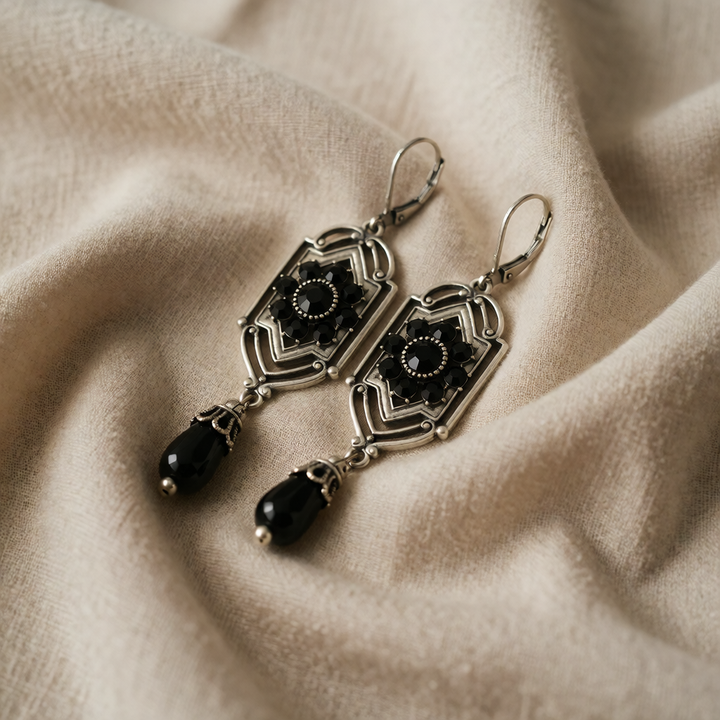 Silver Drop Earrings Cong with Black Crystals