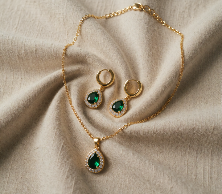 Gold Necklace and Earrings Set with Emerald Teardrops and Zirconia