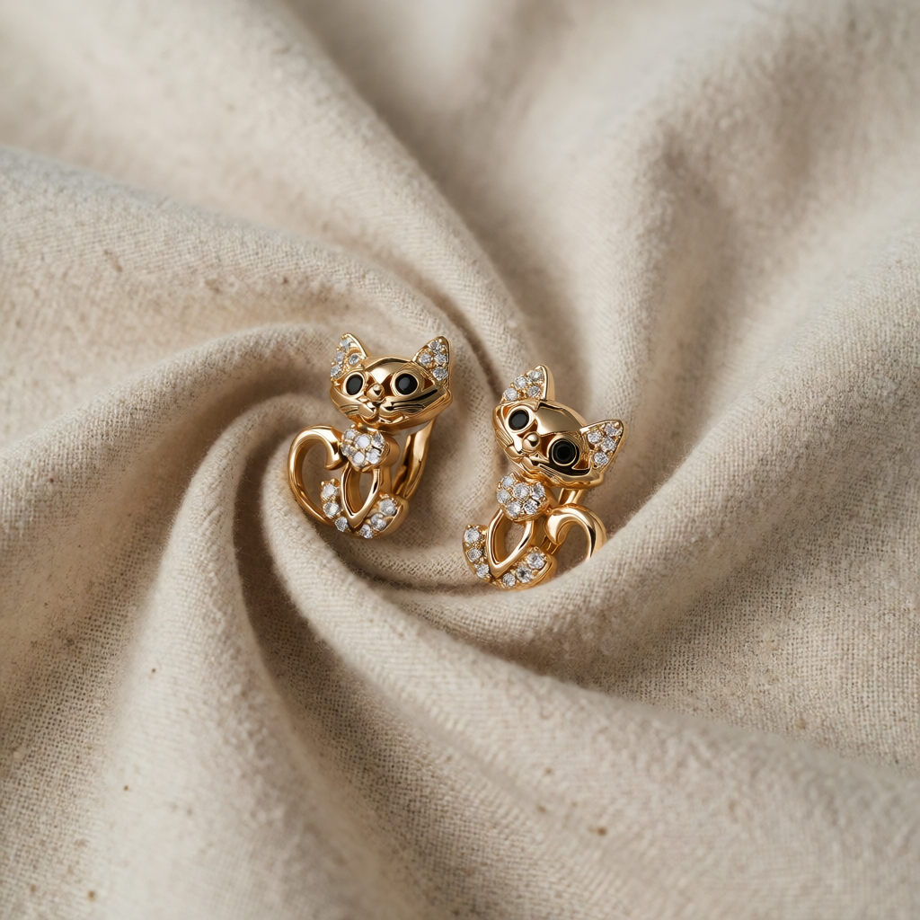 Gold Stud Earrings Aoife with Crystal Cat Motif