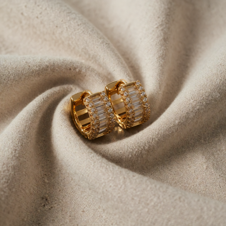 Gold Huggie Earrings Deirdre with Baguette Zirconia