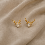 Gold Stud Earrings with Antler Motif and Zirconia