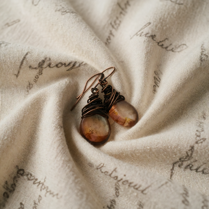 Antique Gold Drop Earrings with Agate Teardrops
