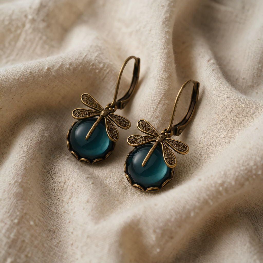 Gold Drop Earrings Dervla with Dragonfly and Teal Stone