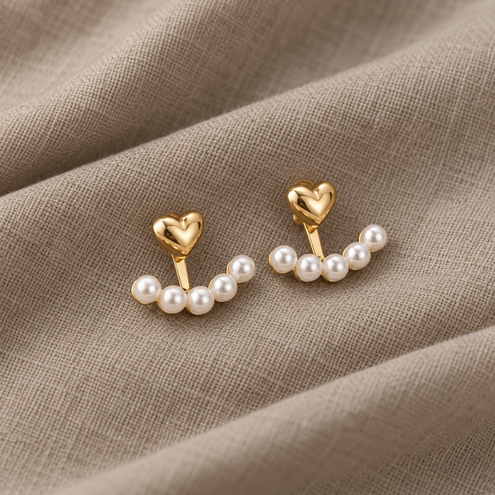 Gold Stud Earrings Deirdre with Heart and Pearls