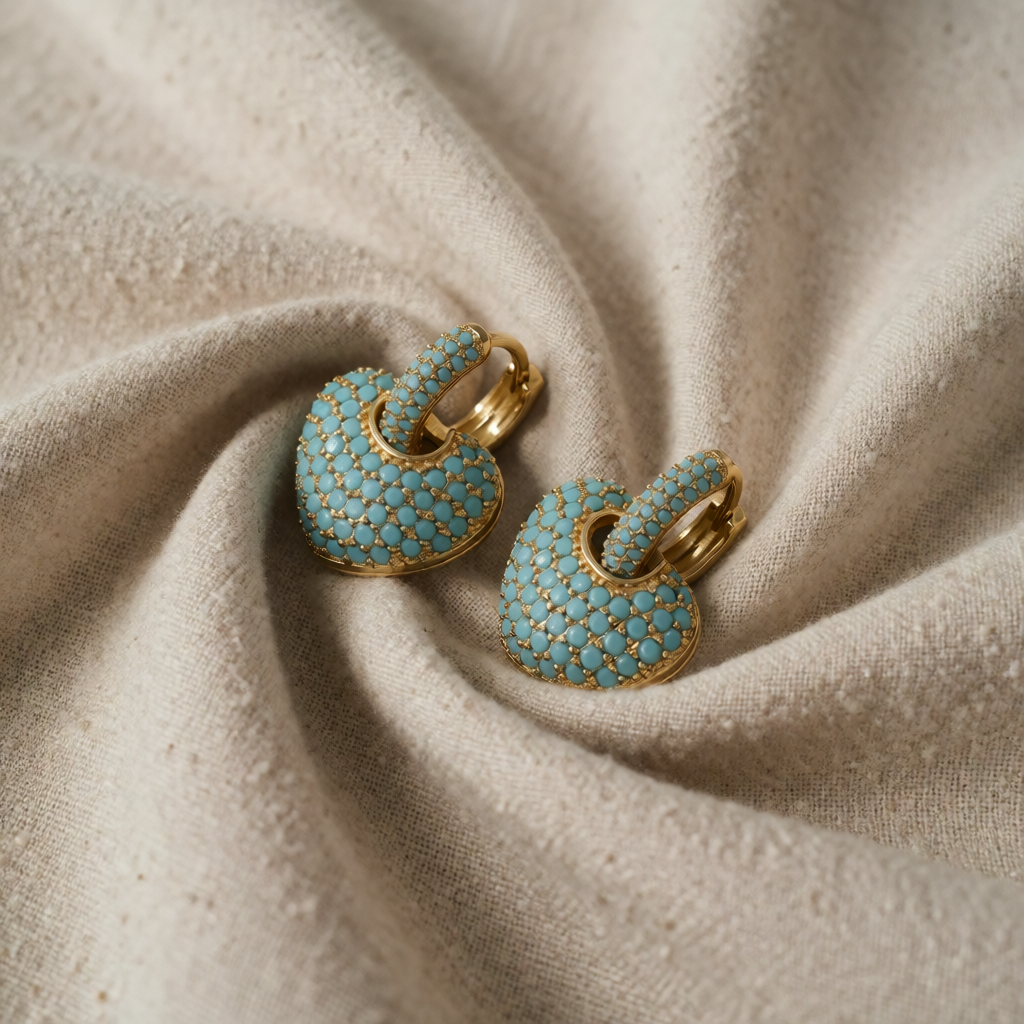 Gold Huggie Earrings Áine with Turquoise Pavé Heart