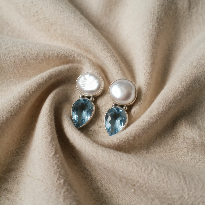 Silver Drop Earrings Fiadh with Pearl and Blue Sapphire