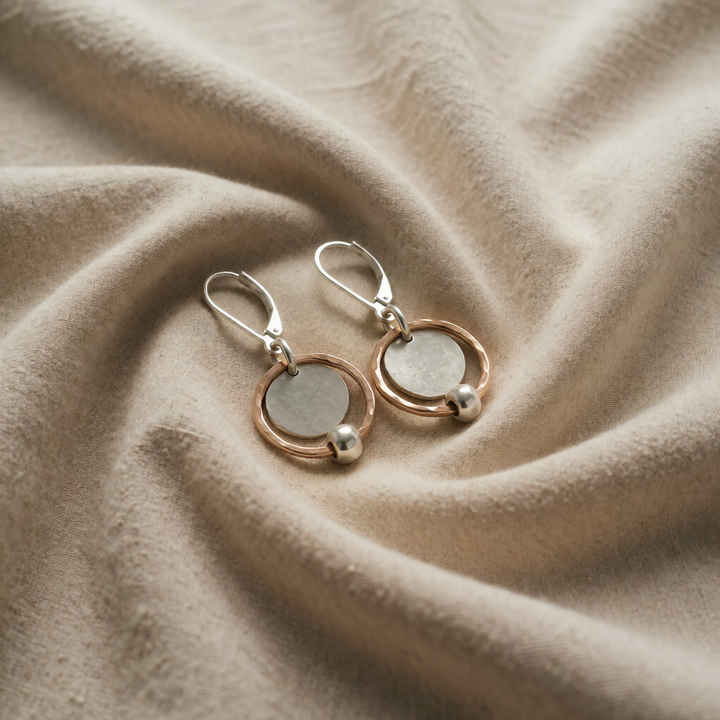 Rose Gold &amp; Silver Drop Earrings with Hammered Disc