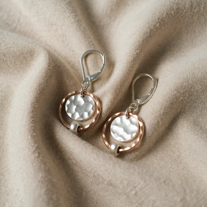 Rose Gold &amp; Silver Drop Earrings with Pearl Accent