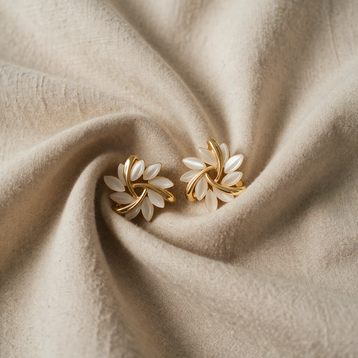 Gold Stud Earrings Aoife with White Opal Petals