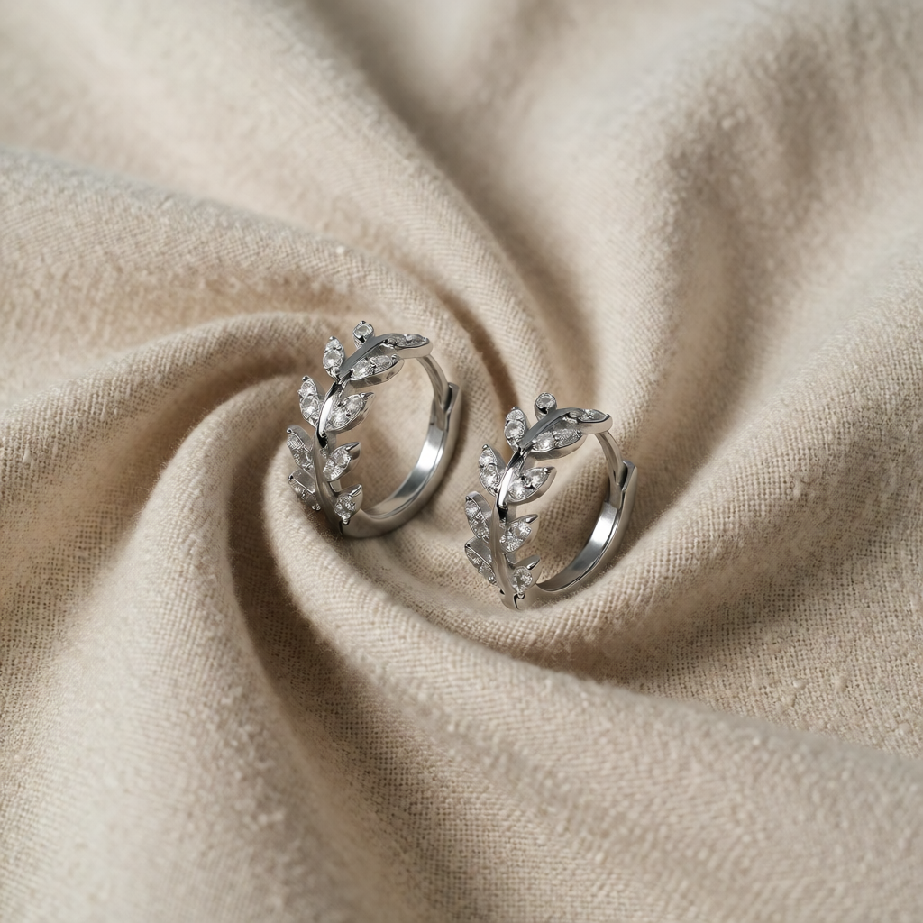 Silver Hoop Earrings Aisling with Laurel Leaf Motif