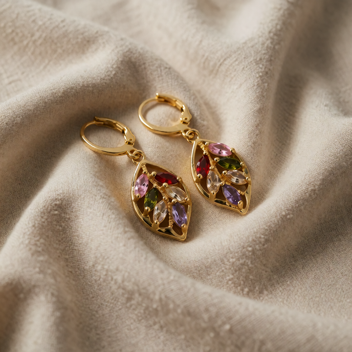 Gold Drop Earrings Galway with Multicoloured Crystals