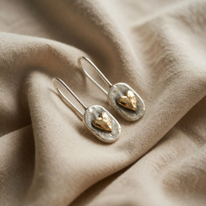 Gold &amp; Silver Drop Earrings Maeve with Heart Motif