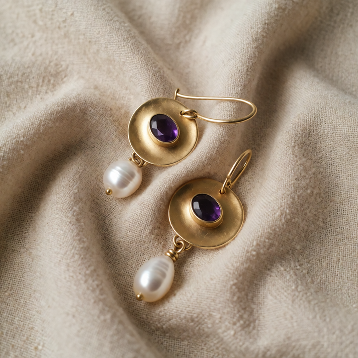 Gold Drop Earrings Órla with Amethyst &amp; Pearl