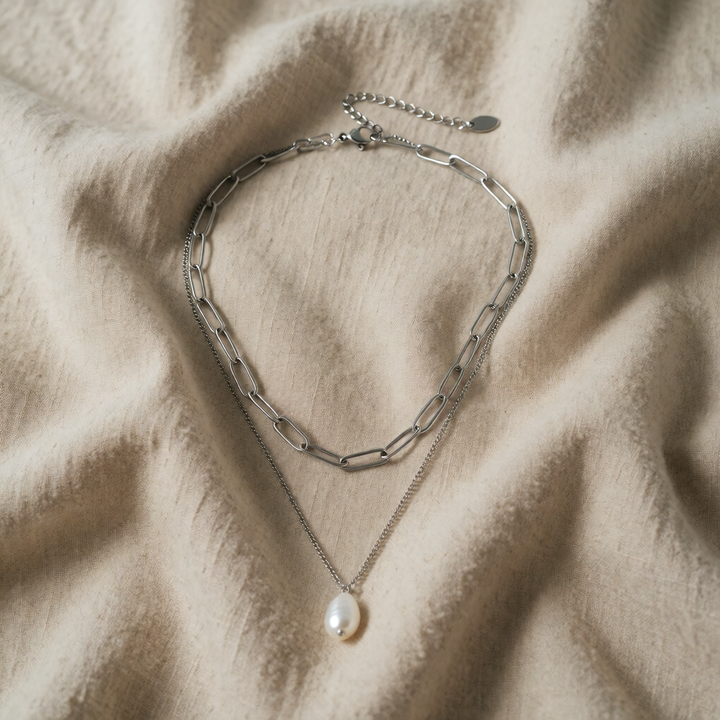 Silver Necklace with Baroque Pearl and Layered Chains