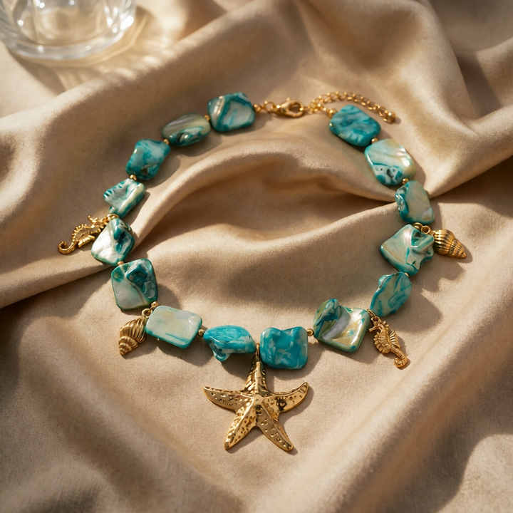 Gold Beaded Necklace Ailbhe with Starfish and Turquoise