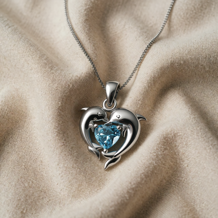 Silver Necklace Sorcha with Dolphins and Blue Heart