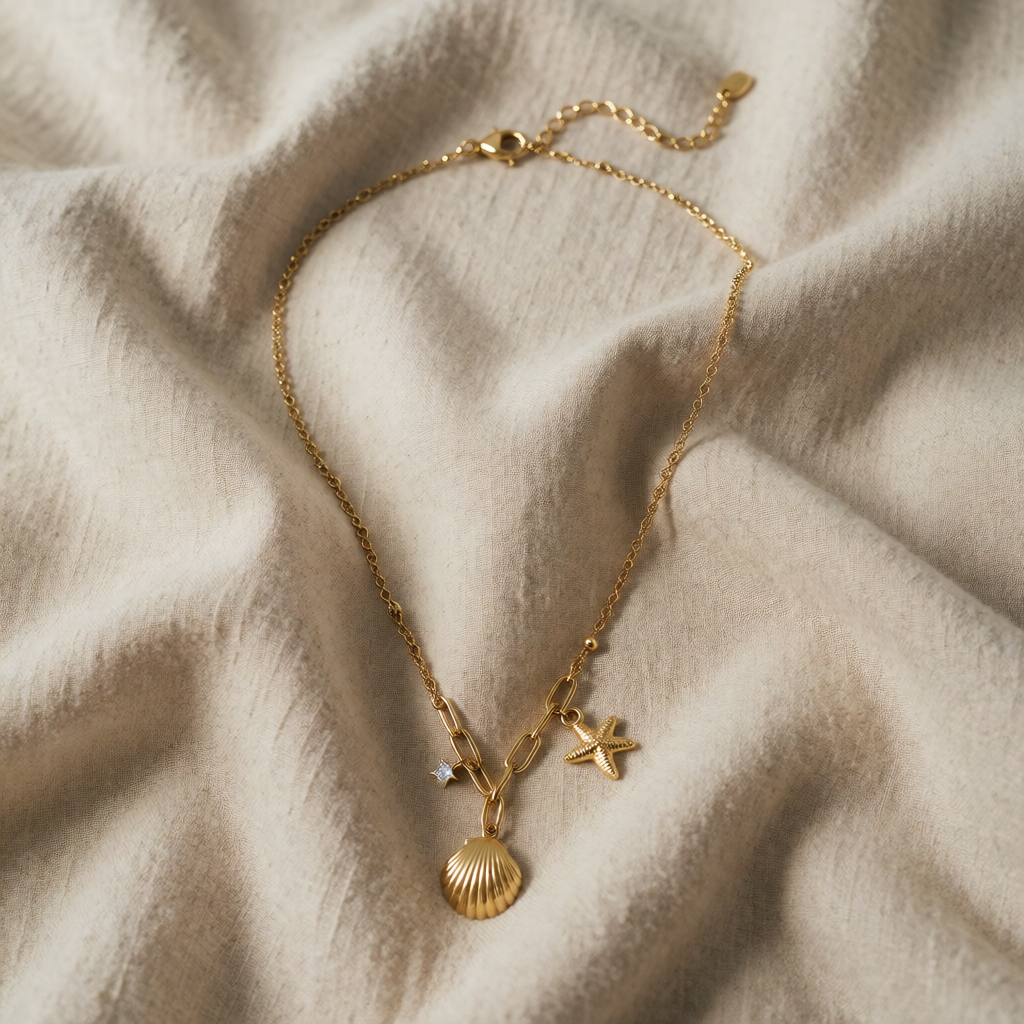 Gold Charm Necklace Eithne with Shell and Starfish