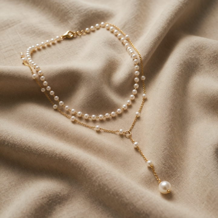 Gold Beaded Necklace Aoife with Pearl Lariat Drop