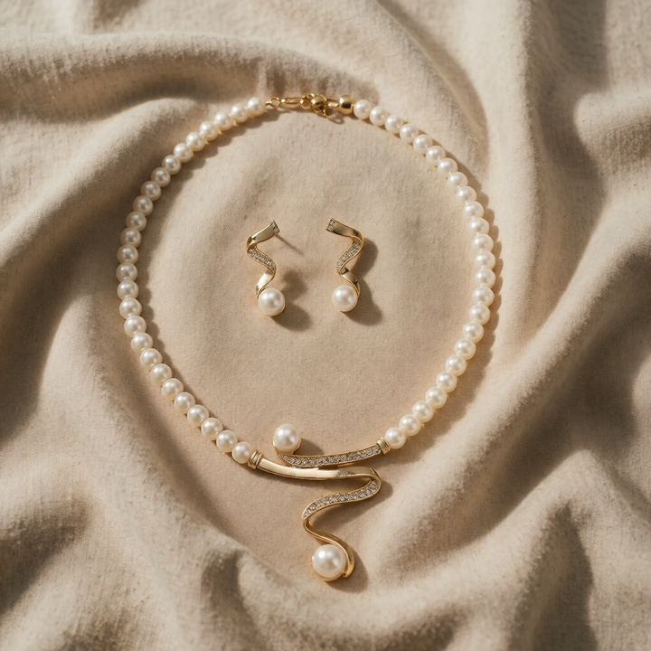 Pearl Necklace Set Aoife with Gold Spiral Pendant