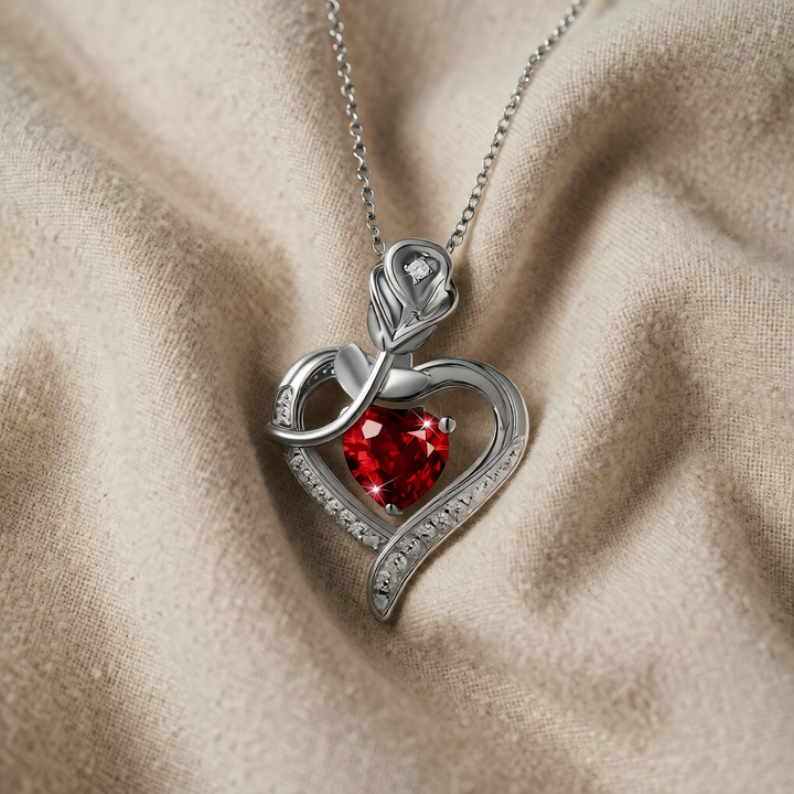 Silver Necklace Béibhinn with Ruby Heart and Rose