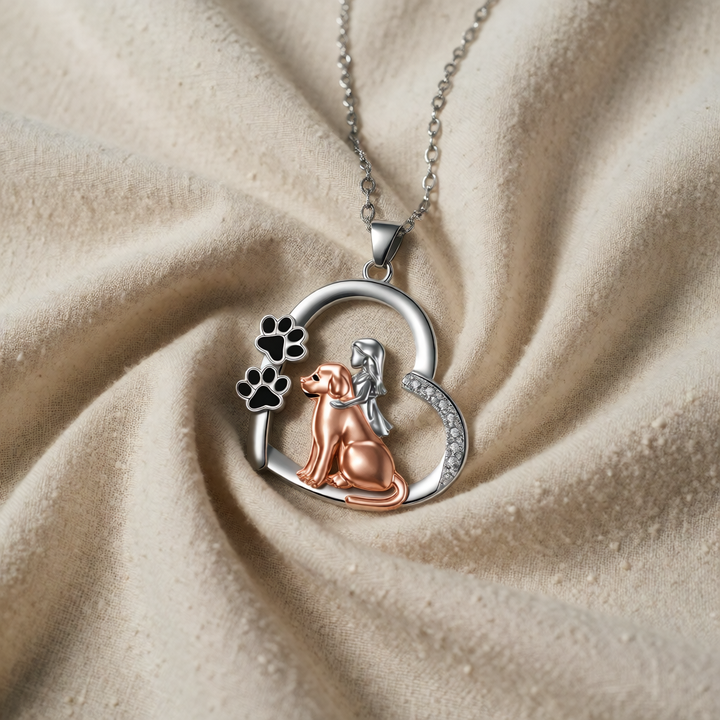 Silver &amp; Rose Gold Necklace with Girl and Dog Motif