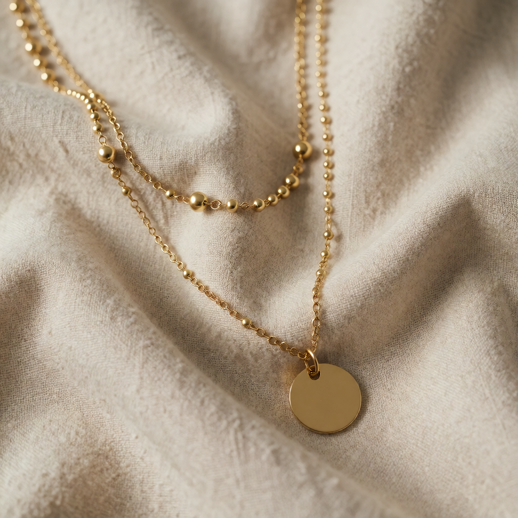 Gold Necklace Íde with Coin Disc and Layered Chain