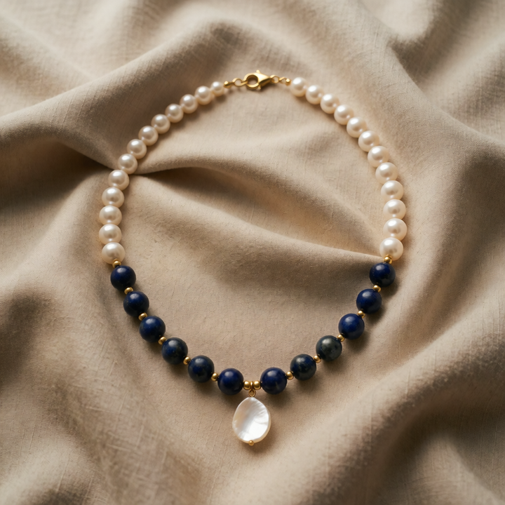 Gold Beaded Necklace with Pearls and Lapis Lazuli