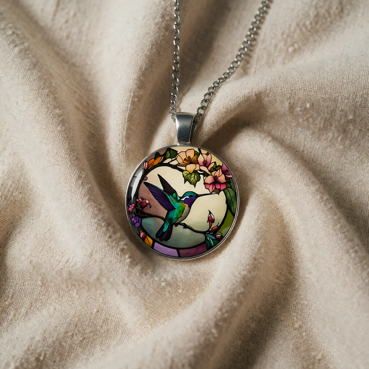 Silver Necklace Maeve with Hummingbird Glass Cabochon