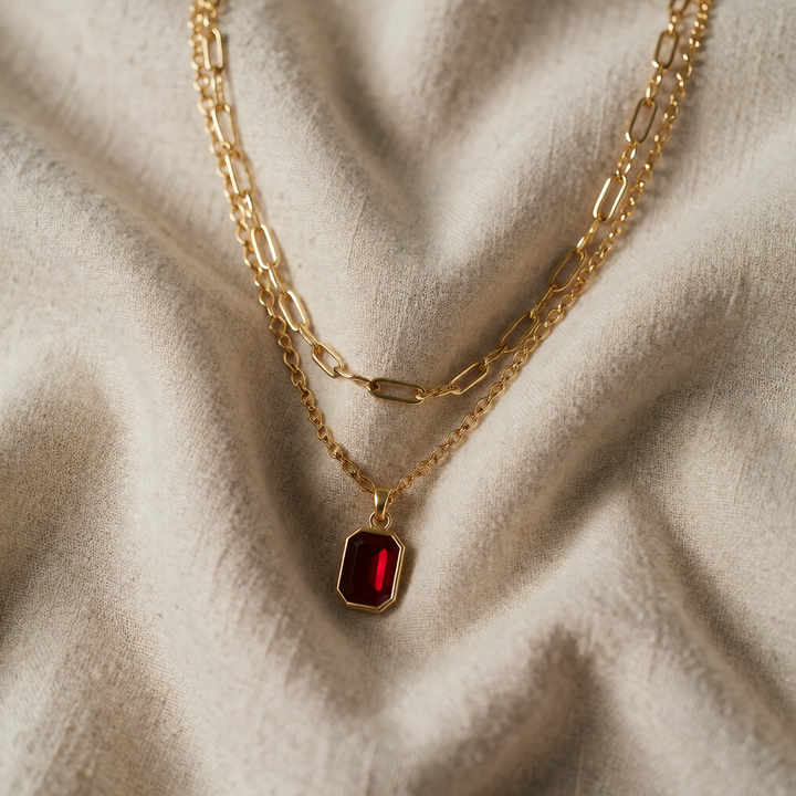 Gold Necklace Ailbhe with Red Ruby and Layered Chain