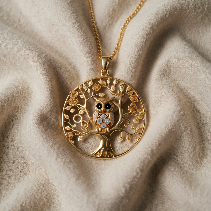 Gold Necklace Gráinne with Owl and Tree of Life