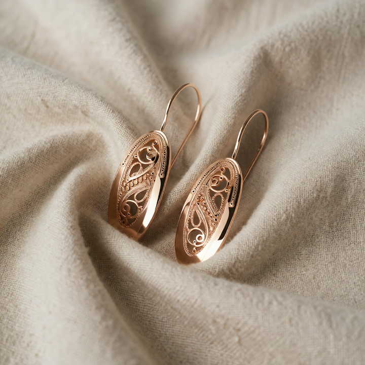 Rose Gold Drop Earrings Clíona with Filigree Swirls