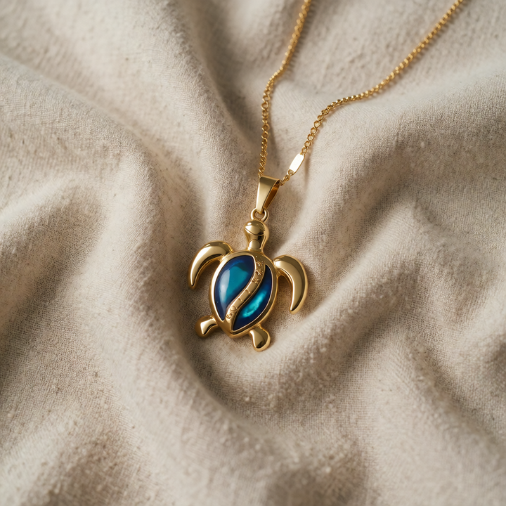 Gold Necklace Maeve with Sea Turtle and Blue Opal